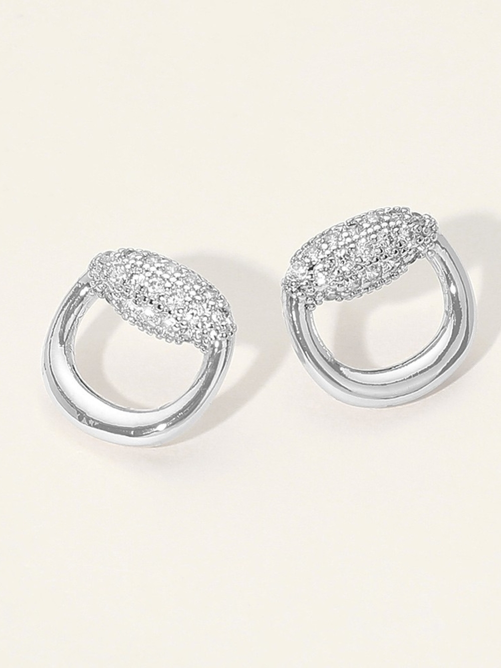 Silver Horsebit U-Link Open Circle CZ Rhinestone Crystal Stud Earrings